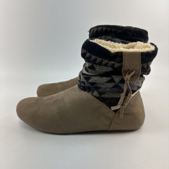 Bearpaw Amber Bootie Taupe Pull On Ankle Suede Patchwork Wool Sheepskin New W 8 - Picture 2 of 16